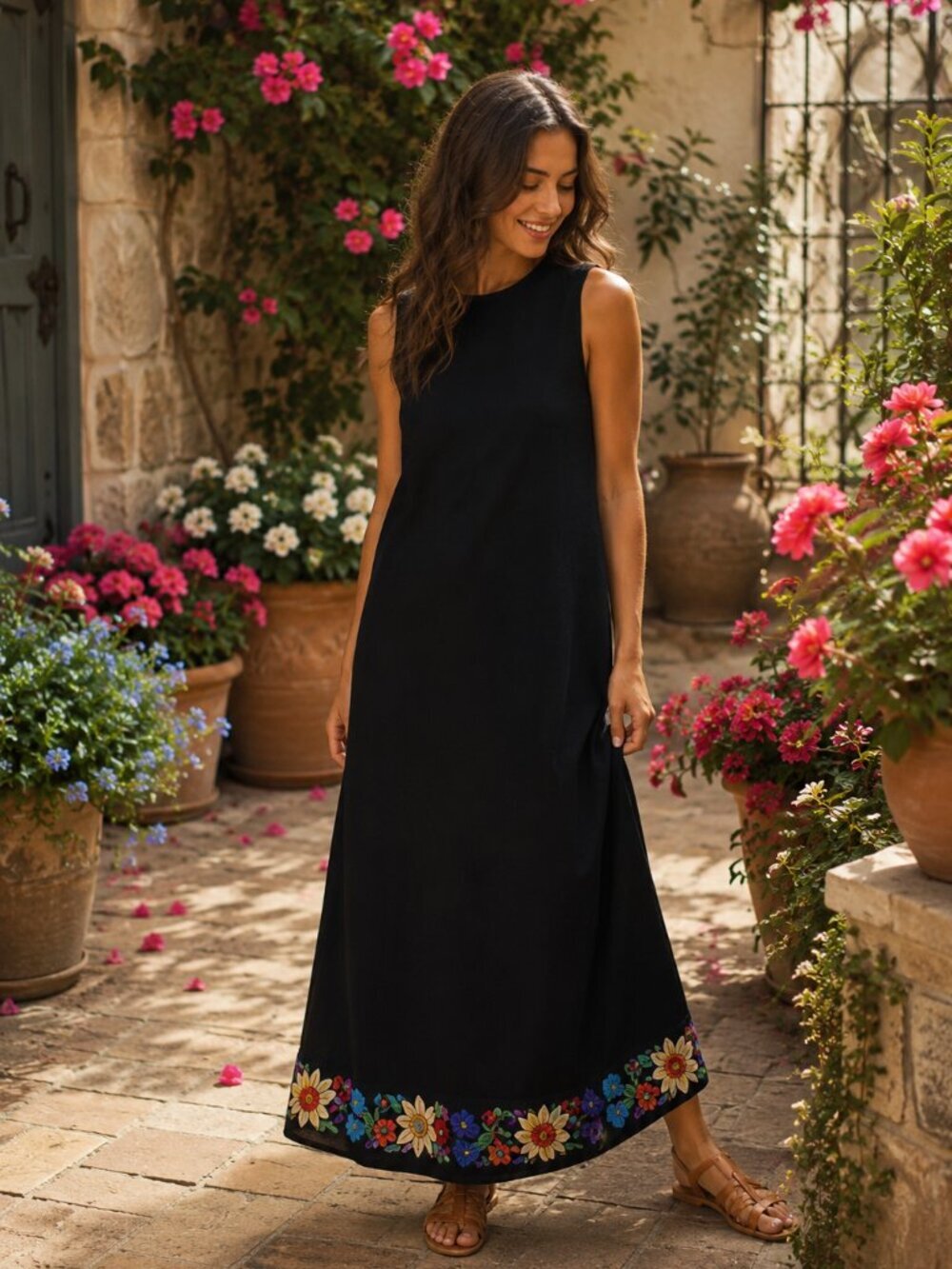Vtg 70s Cirette black sleeveless boho embroidered floral hem maxi dress
